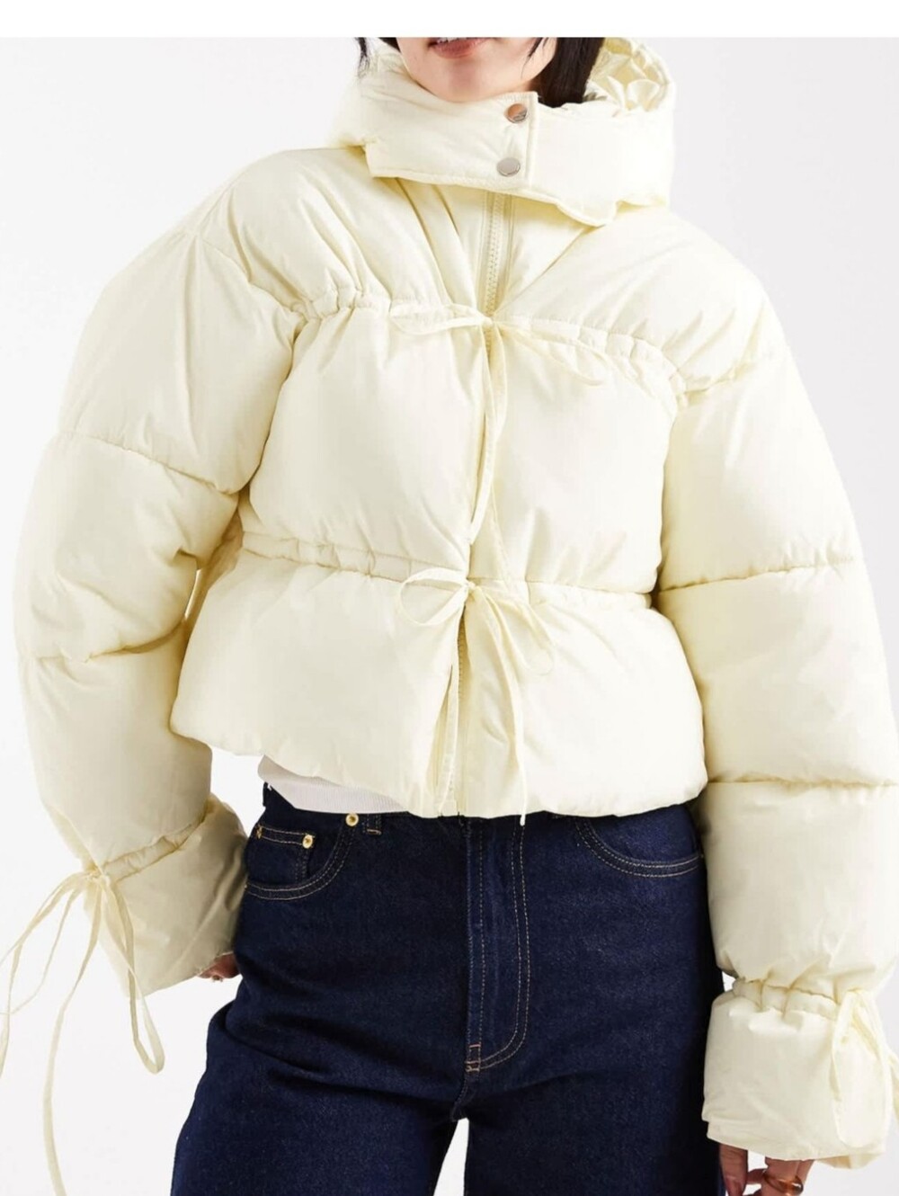 Cropped Cream Drawstring Puffer Jacket for Women